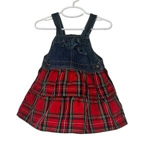 Oshkosh b’gosh red tartan plaid skirt denim Overall Dress Sz 18m